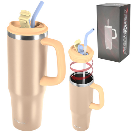 Kubek termiczny ze słomką uchwytem na kawę herbatę szczelny 1200ml - beige