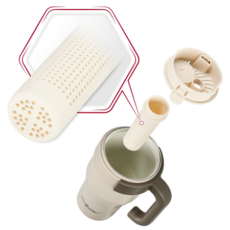 Kubek termiczny ze słomką uchwytem na kawę herbatę szczelny 800ml - beige