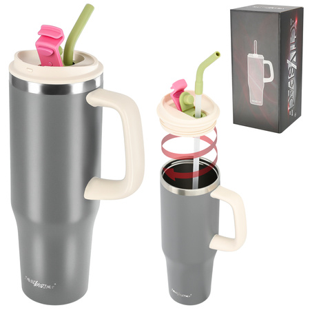 Kubek termiczny ze słomką uchwytem na kawę herbatę szczelny 1200ml – gray