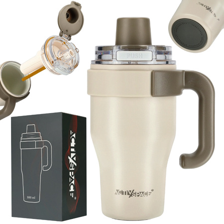 Kubek termiczny ze słomką uchwytem na kawę herbatę szczelny 800ml - beige
