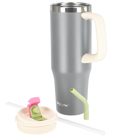 Kubek termiczny ze słomką uchwytem na kawę herbatę szczelny 1200ml – gray